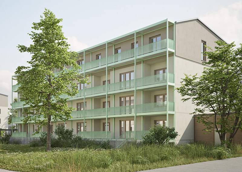 Grafische Außenansicht eines modernisierten Wohngebäudes mit mintgrünen Balkonen und naturnaher Begrünung. 