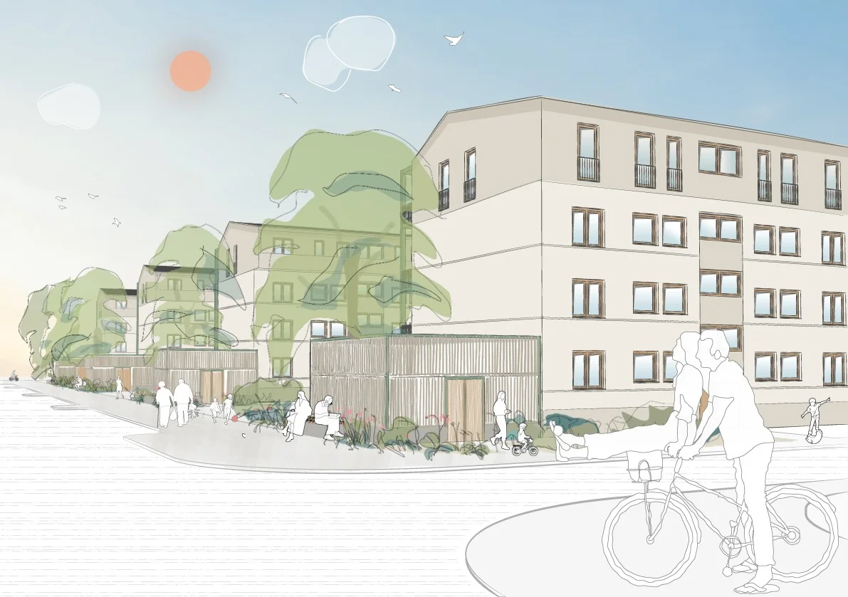 Skizzenhafte Straßenszene mit Wohngebäude, Bäumen, Menschen und Aufenthaltsbereichen vor der Fassade. 