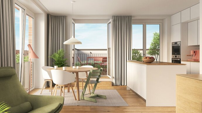 BRICKLYN | Visualisierung Obergeschoss_Essen und Kochen_Eigentumswohnungen in Hannover-Bemerode kaufen