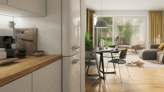 BRICKLYN | Visualisierung Ergeschoss_Kochen_Reihenhaus kaufen in Hannover-Bemerode