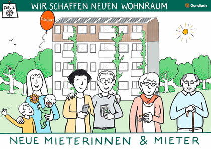Illustration eines Wohngebäudes mit neuen Wohnungen und Menschen verschiedener Altersgruppen davor. 