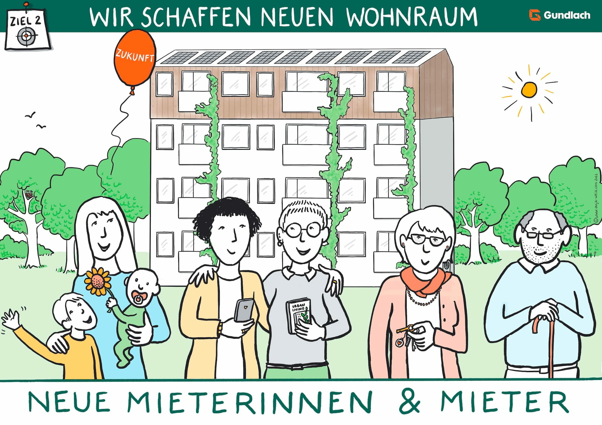 Illustration eines Wohngebäudes mit neuen Wohnungen und Menschen verschiedener Altersgruppen davor. 