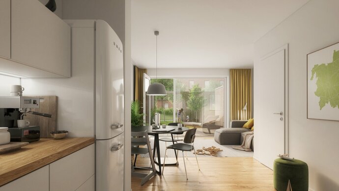 BRICKLYN | Visualisierung Ergeschoss_Wohnen und Kochen_Reihenhaus kaufen in Hannover-Bemerode