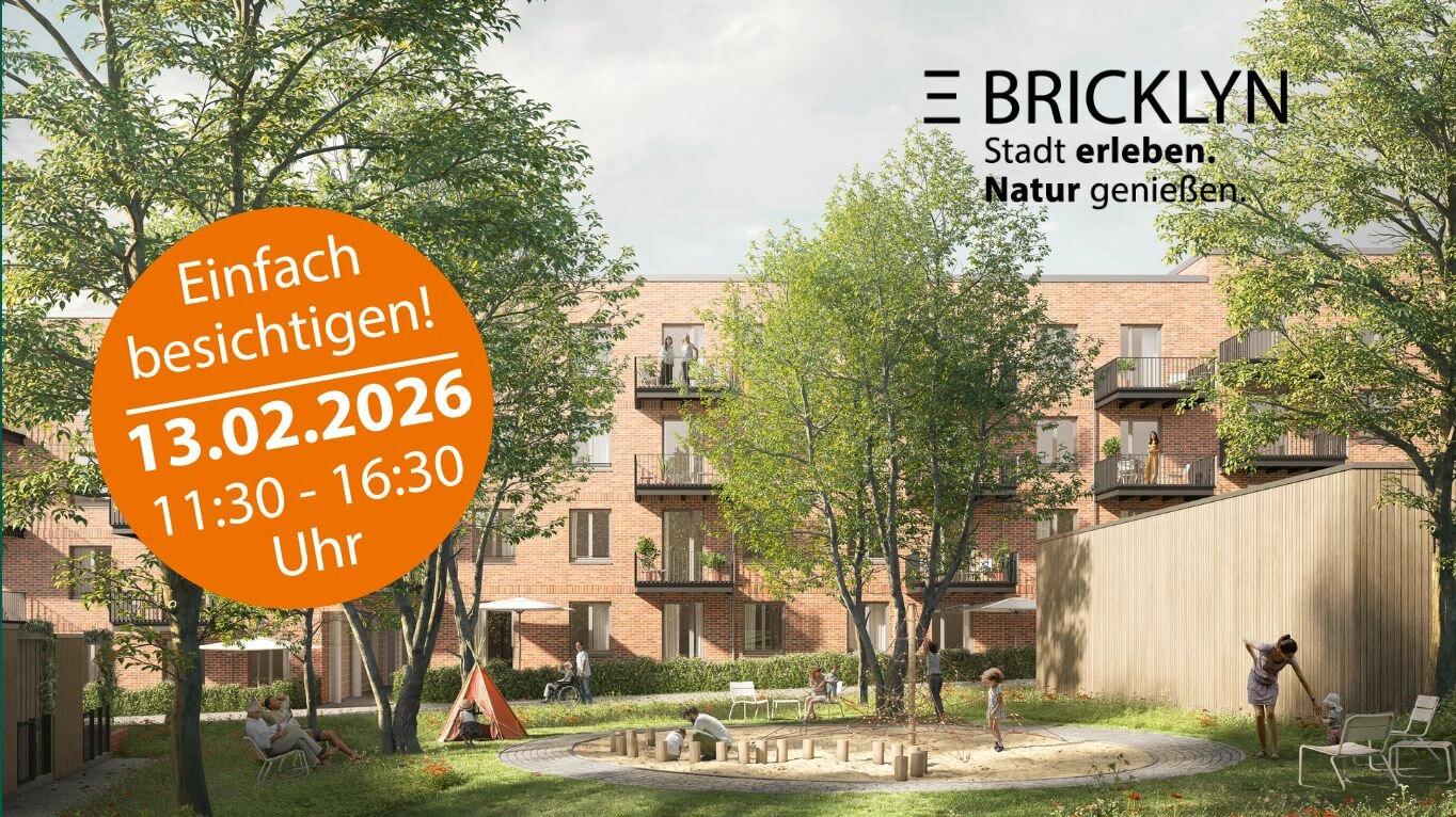 Neubau Quartier mit Backsteingebäuden, Balkonen und einem Innenhof mit Spielplatz. Der orangefarbene Kreis markiert eine Besichtigung am 13. Februar 2026. Ideal für alle, die eine Wohnung oder ein Reihenhaus in Hannover mieten möchten.
