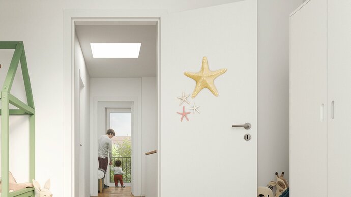 BRICKLYN | Visualisierung Obergeschoss_Flur mit Oberlicht_Eigentumswohnungen in Hannover-Bemerode kaufen