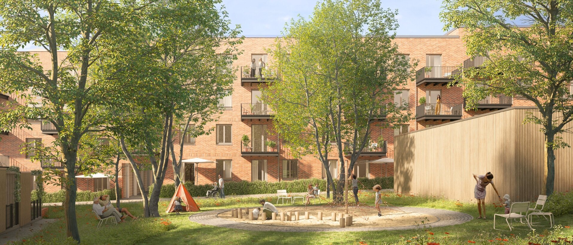 Visualisierung des Innenhofs in Neubauprojekt bricklyn. Im Hintergrund sind die Wohnungen zur Miete in Kronsrode zu sehen.