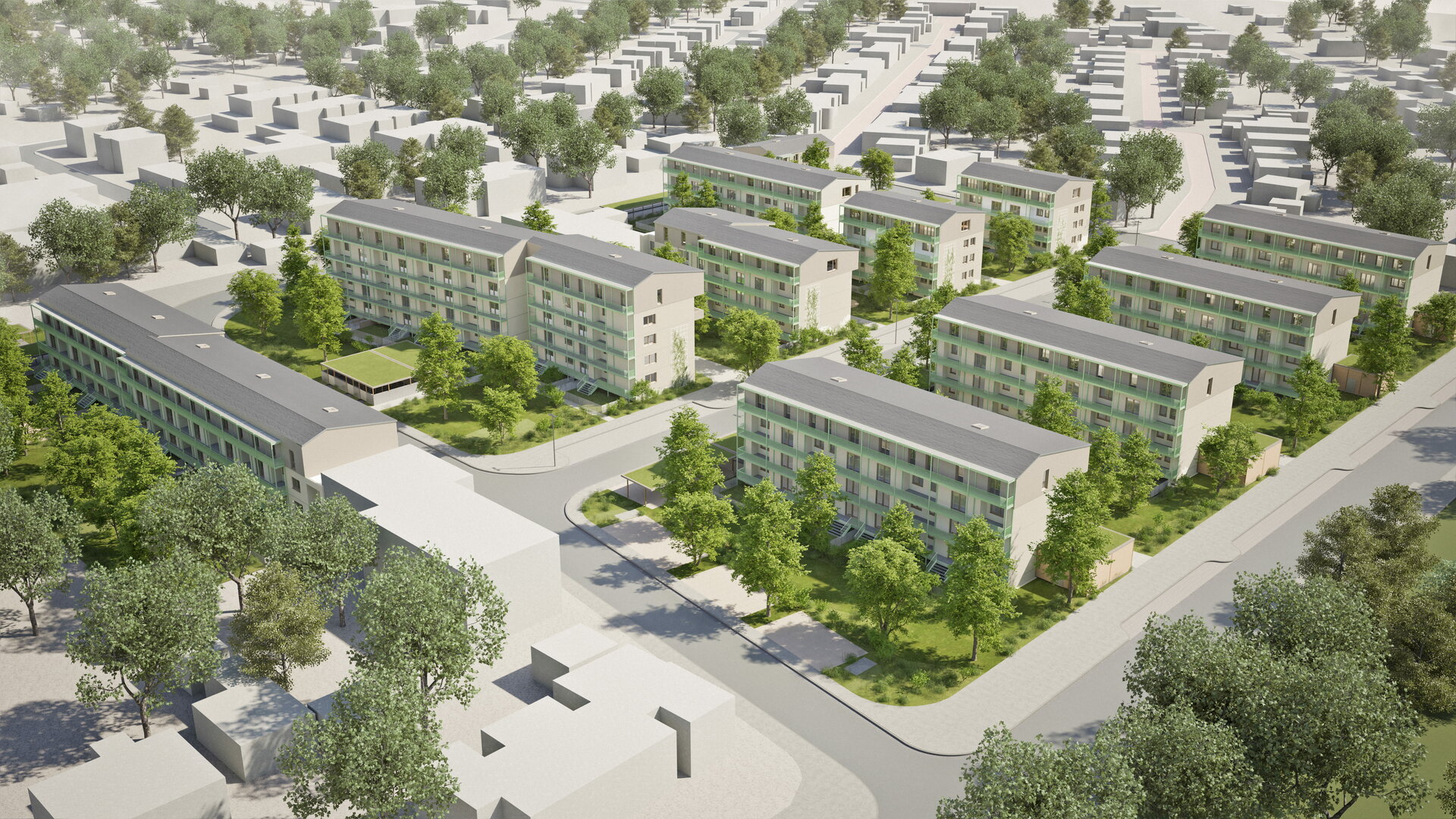 Mehrgeschossige Wohngebäude mit flachen Dächern und hellen Fassaden stehen in regelmäßigen Reihen und sind von zahlreichen Bäumen und Grünflächen umgeben. Die Gebäude sind durch Straßen und Wege voneinander getrennt. Die Umgebung ist von weiteren Wohnhäusern und viel Grün geprägt. Das Bild zeigt das klimaneutrale Wohnquartier »Aufwind – Heute wohnen. An morgen denken.« aus der Vogelperspektive.