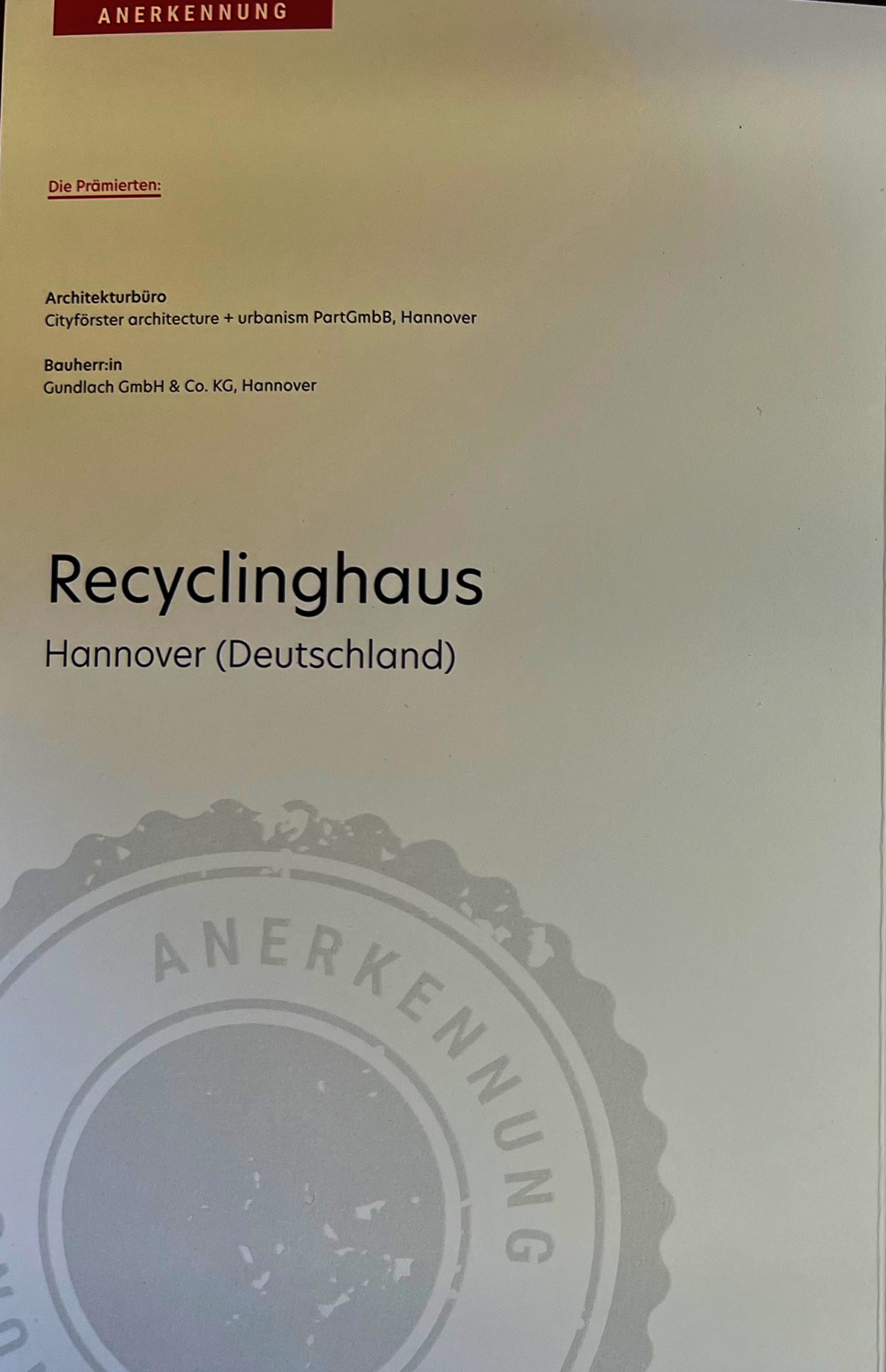 Recyclinghaus Gestaltungspreis der Wüstenrot-Stiftung