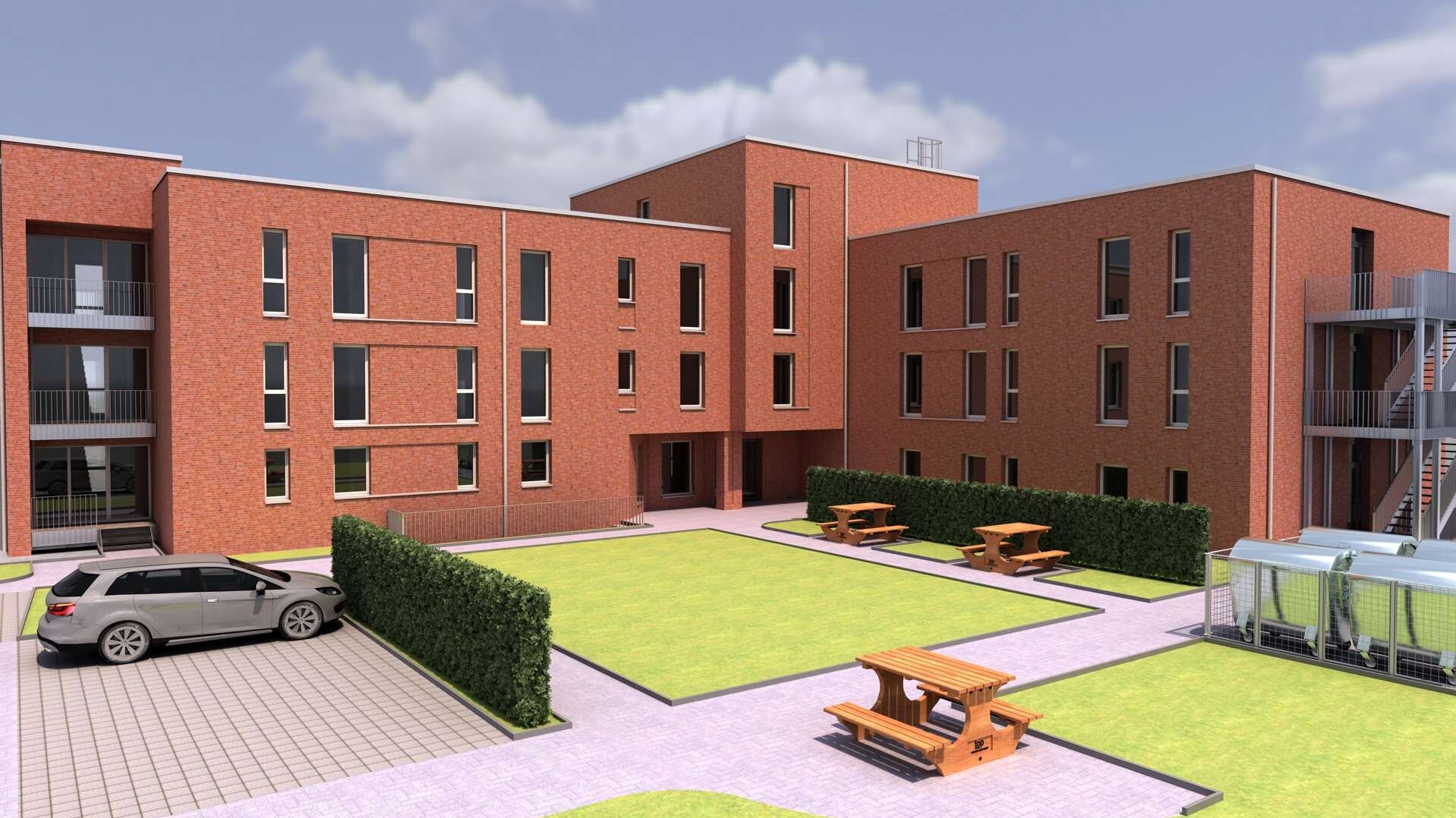 Dreigeschossiges rotes Backsteingebäude mit Innenhof, Sitzbänken, Hecken und Parkplätzen, dargestellt als Architekturvisualisierung für Micro Apartments