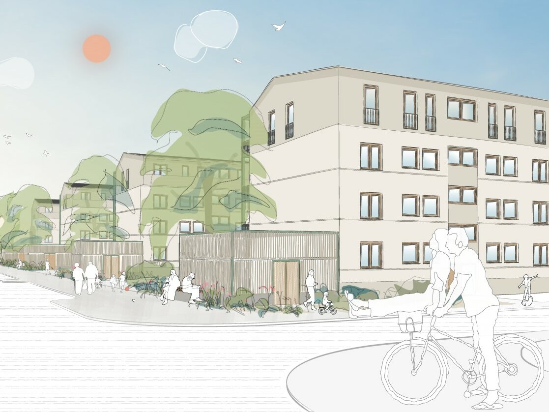 Visualisierung: Bauprojekt Seelhorst, blauer Himmel, Aufstockung der Wohnfläche, Klimaneutrales Wohngebiet 