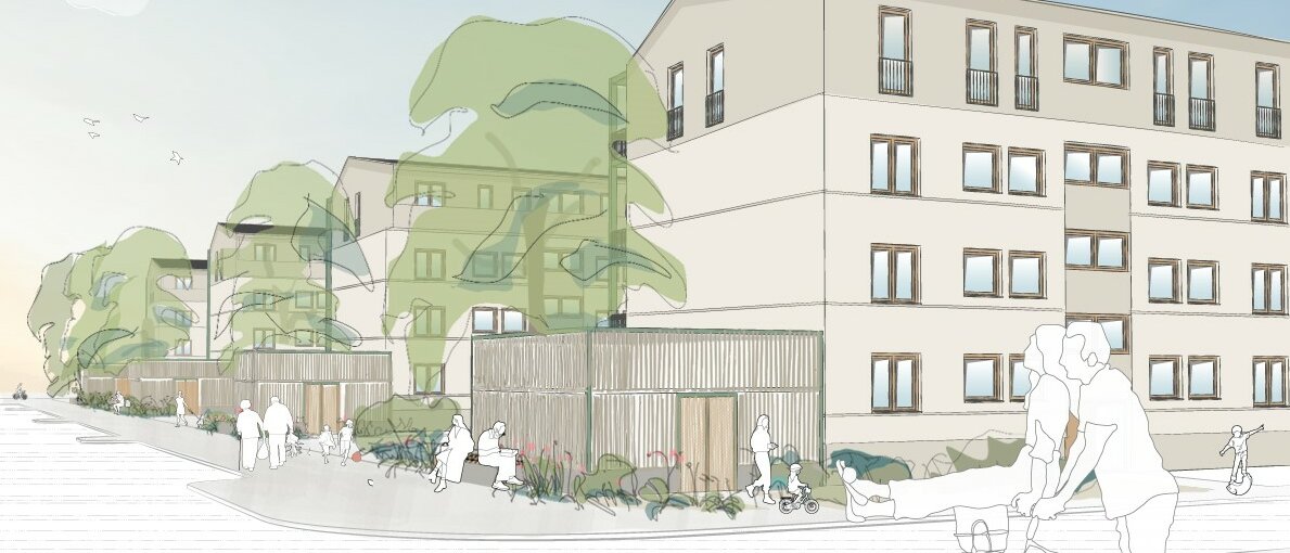 Visualisierung: Bauprojekt Seelhorst, blauer Himmel, Aufstockung der Wohnfläche, Klimaneutrales Wohngebiet 