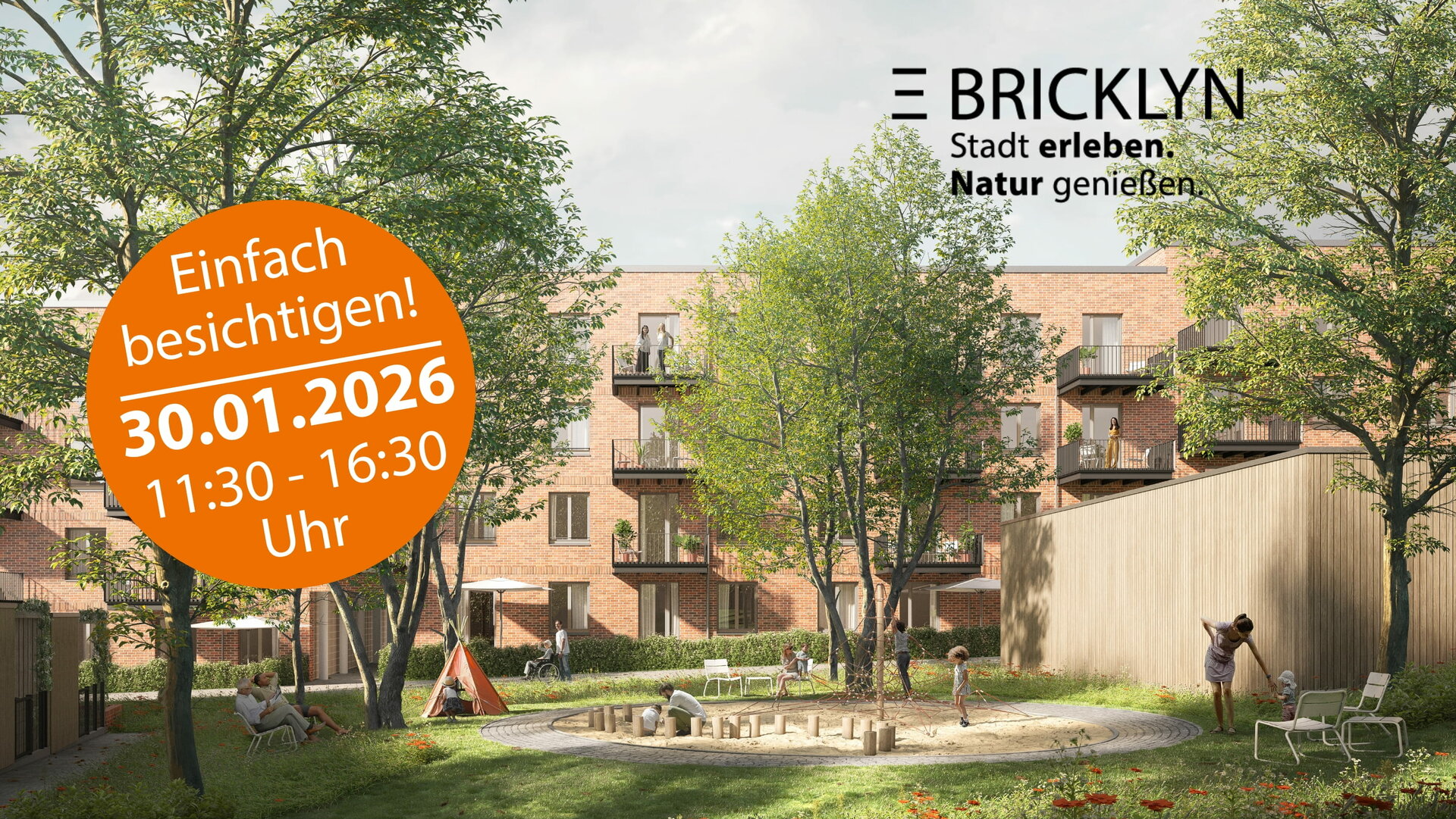 Neubau Quartier mit Backsteingebäuden, Balkonen und einem Innenhof mit Spielplatz. Der orangefarbene Kreis markiert eine Besichtigung am 30. Januar 2026. Ideal für alle, die eine Wohnung oder ein Reihenhaus in Hannover mieten möchten.