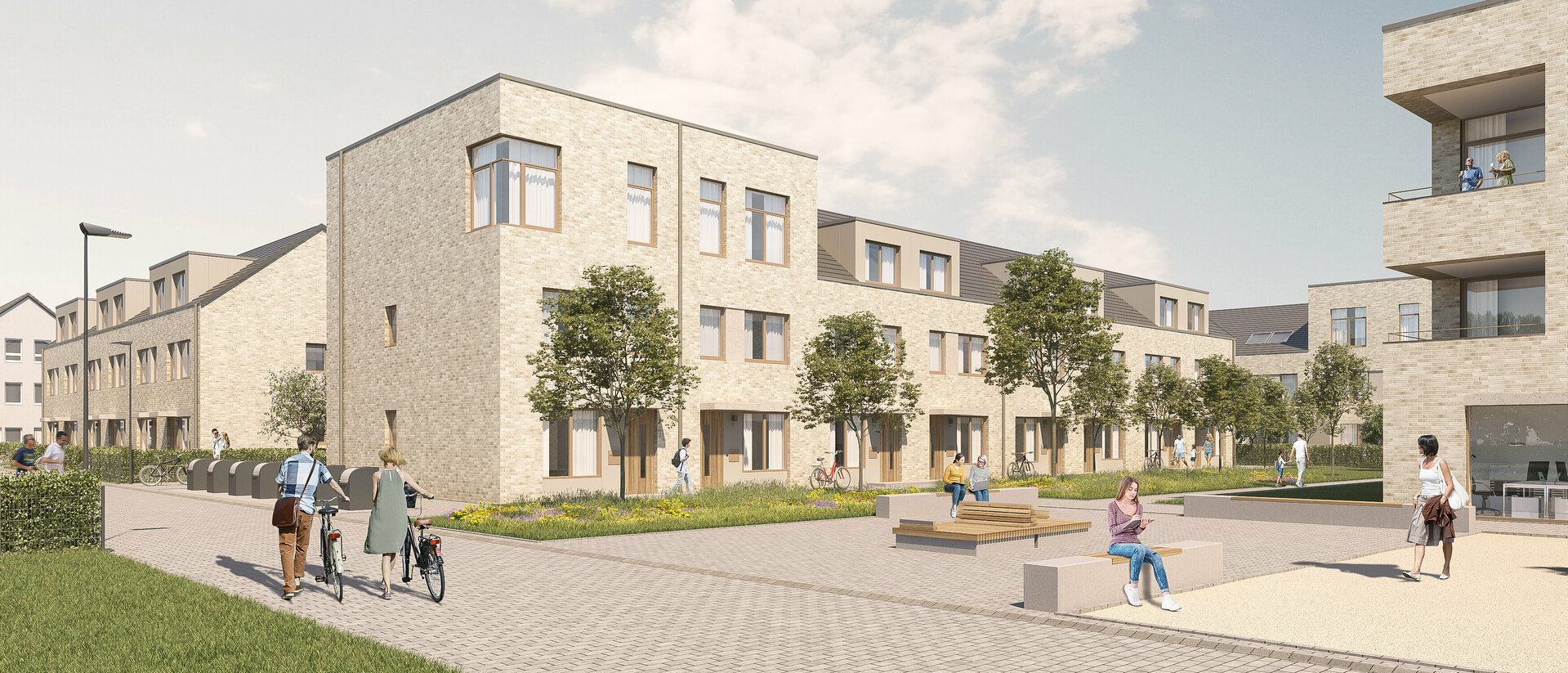 Hausansicht Zeile B und Quartierslatz_Reihenhäuser Gottfried-Benn-Weg, Hannover Misburg, Gundlach Bauträger